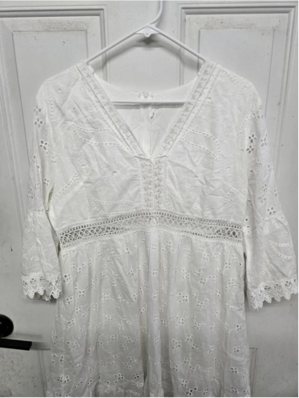 Women's Boho Dress White Eyelet Mini Dress XL